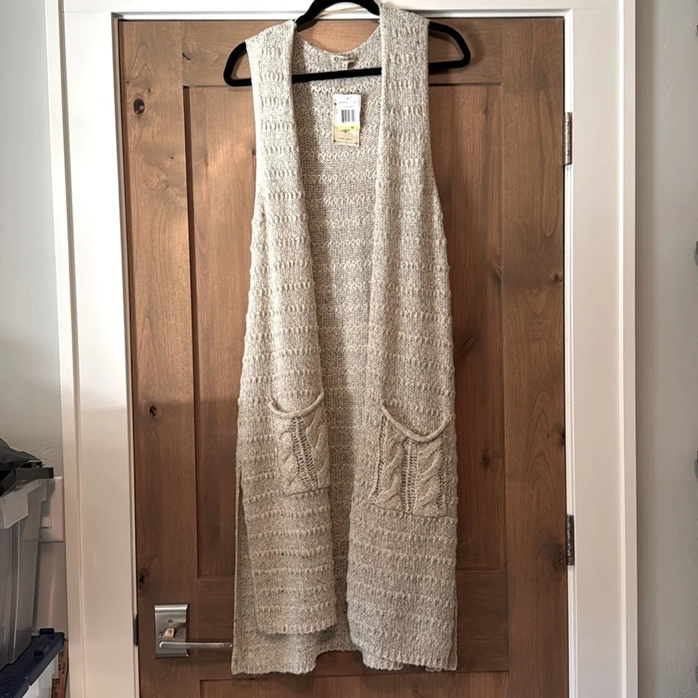 NWT Democracy Metallic Long Duster Cardigan Sweater Vest sleeveless belted Woven